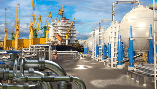 Liquefied natural gas terminal with spherical storage tanks, pipelines and ship at port during loading operation. LNG transport and energy industry.