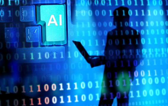 AI button on keyboard with binary code overlay and silhouette of man using laptop, concept of artificial intelligence, coding, programming, technology.