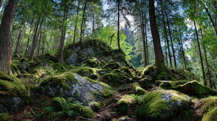 Obraz premium Lush Forest Scene With Sunlight Filtering Through Canopy Of Green Leaves and Mossy Rocks