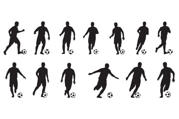 Silhouettes of soccer players in various action poses with a soccer ball, isolated on transparent background