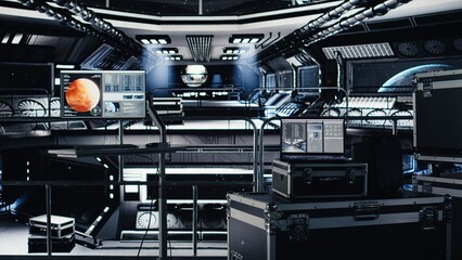 Laptop in starship showing thermal stability and core performance metrics during orbital flight to Mars. Spaceship engine readouts analytics on notebook during trip to alien red planet