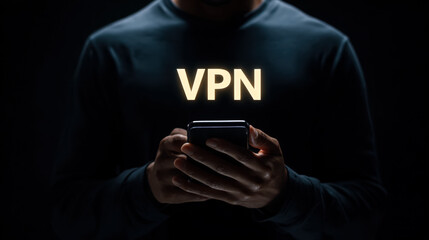 Person holding smartphone with glowing virtual private network text symbolizing secure internet browsing and online privacy protection in dark background