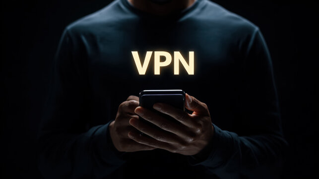 Person holding smartphone with glowing virtual private network text symbolizing secure internet browsing and online privacy protection in dark background