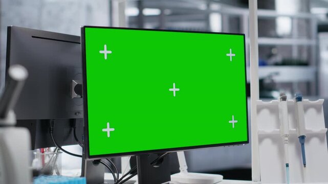 Isolated chroma key display on monitor in empty biolab setup with microscope and specimen tools. Workspace illustrates molecular biology research and biochemistry in healthcare science.