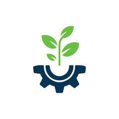 A vibrant green sprout growing from a dark blue gear mechanism