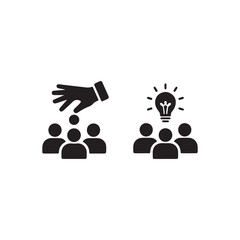 A hand placing a lightbulb above a group of people s heads