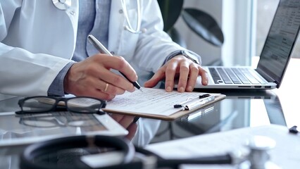 Doctor writing medical records on a glass desk with laptop. Medicine and Health Care