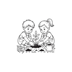 Two children happily planting a small tree together in a garden