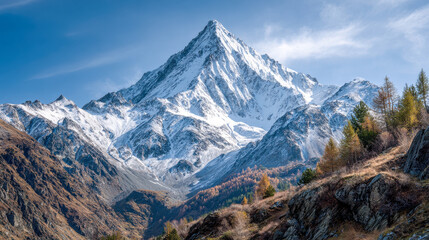 Fototapeta premium Stunning majestic snow-covered mountain peak towering over rugged rocky terrain with colorful autumn trees under a clear blue sky on a bright day
