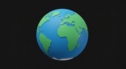 Fototapeta premium Realistic 3D illustration of the Earth with green continents and blue oceans on a dark black background, modern minimalistic style.