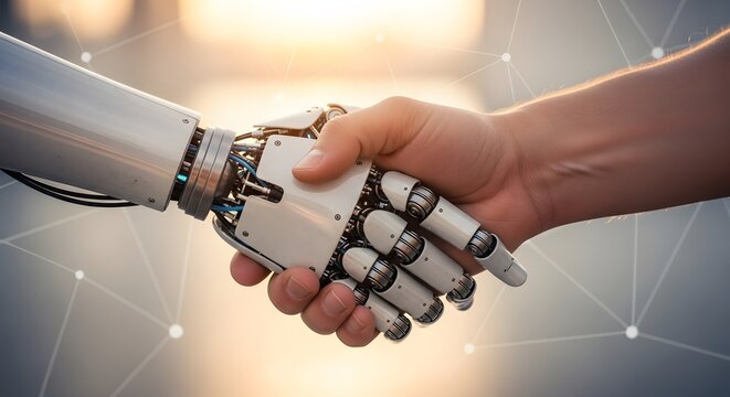Human hand shaking a robot hand with a network of glowing dots in the background