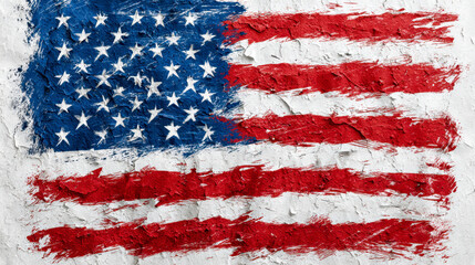 Abstract textured painting of a stars and stripes flag with rough brushstrokes creating a rustic, artistic representation of national pride and heritage on canvas
