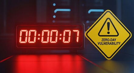Digital clock showing 000007 next to a yellow warning sign for zeroday vulnerability