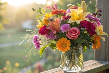 Colorful Bouquet of Fresh Flowers in Sunlight on a Garden Porch