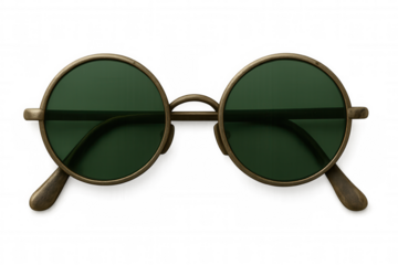 Round vintage sunglasses with green lenses and brass metal frame, a retro fashion accessory on transparent background