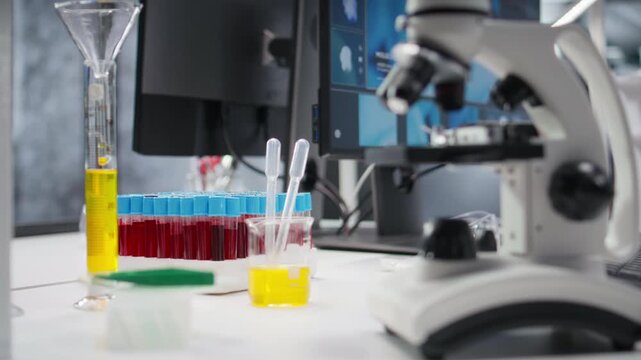 Close up of specimen samples in jars and flasks in empty research lab with other tools and equipment, precision and preparation for experiments. Laboratory setup for healthcare discovery.