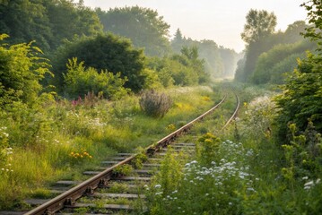 Rustic Railway Tracks Surrounded by Lush Greenery During Early Morning