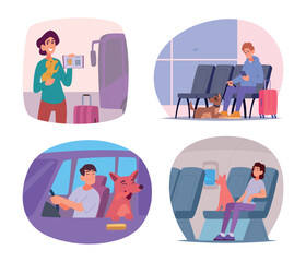 Travel with dog. Pets owners travelling with pets. Animals in cage boxes for journey adventures exact vector template