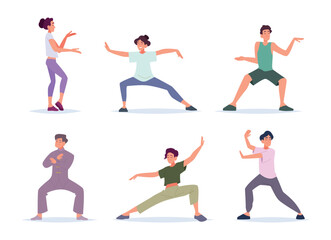 Tai chi. Chinese fighters traditional martial arts characters exact vector people in action poses