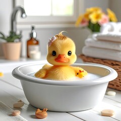 Cute duckling in a bath