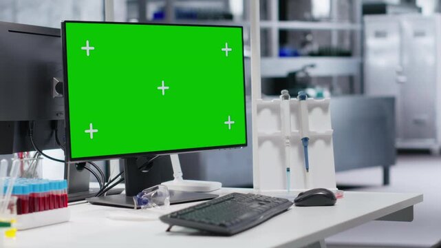 Green screen desktop pc on a desk in empty laboratory setting, testing tools and scientific instruments capture the environment of bioscience research. Medical discovery and diagnostics.