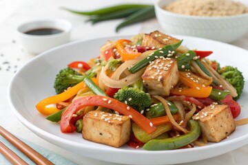 Colorful Stir-Fried Vegetables and Tofu Served With Sesame Seeds