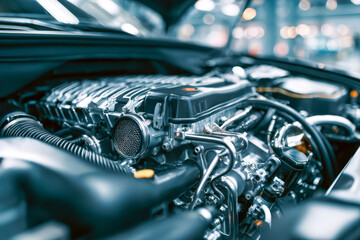 Fototapeta premium Close-up of a modern car engine showing detailed mechanical components