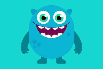 A funny blue cartoon monster character illustration with a cute smile, like a comic alien or a baby elephant, that is a happy vector mascot drawing isolated for Halloween fun and art