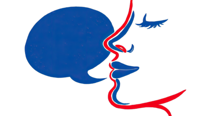 Abstract portrait of a face with speech bubble in blue and red colors