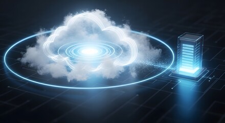 Cloud computing concept with a glowing server and digital network connection