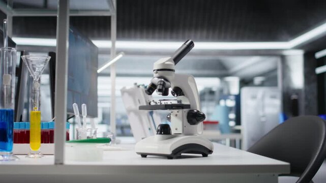 Microscope tool placed on desk in laboratory for scientific experiment, instruments used for genetics research and bioscience within professional facility. Bio sample in lab.
