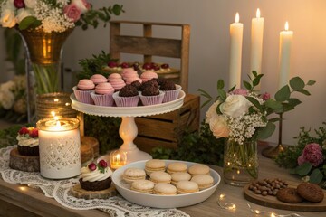 Naklejka premium Elegant Dessert Table With Cupcakes, Flowers, and Candles at a Celebration
