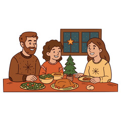 Christmas dinner, family celebration, cozy home, doodle illustration, hand-drawn, festive table, holiday meal, European family, Christmas tree, candles, winter holidays, warm atmosphere, festive scene