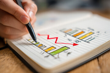 Person sketching colorful bar charts and a downward trending red arrow on a notebook showing financial or business analysis insights on a wooden desk