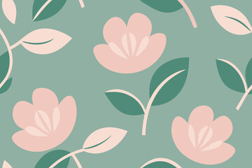 A colorful vector seamless pattern of tulip and leaf flowers offers a spring floral design illustration for decoration