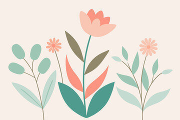 Seamless spring floral pattern vector illustration with red tulip flowers, leaves, and pink blossom design