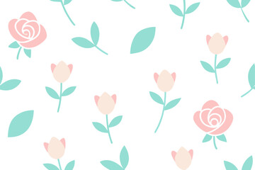Seamless vector floral pattern with pink tulips, leaves, and spring flowers for wallpaper, textile design, and nature illustration