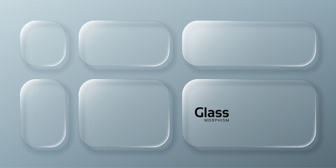 Collection of clear glass morphism vector elements in various shapes for modern ui design and futuristic transparent interface background on a light gray surface.
