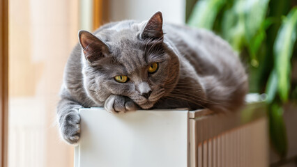 Gray cat lounging on warm radiator by window, cozy indoor scene with home heating, relaxed pet enjoying warmth during winter season, peaceful domestic environment