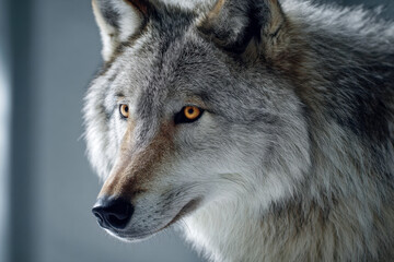 Fototapeta premium Majestic gray wolf with golden eyes staring attentively against a soft focus background showcasing wildlife beauty and intense gaze