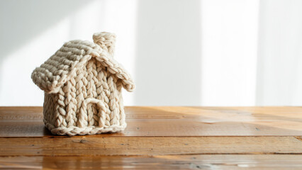 Miniature knitted house on wooden surface in sunlight, symbol of home insulation and heating season, cozy winter atmosphere, energy efficiency and warmth in cold weather, copy space