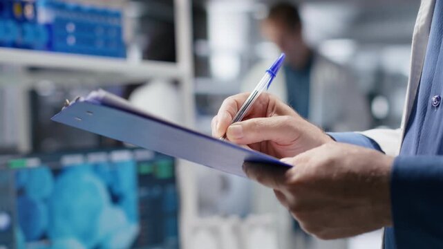 Close up of handwriting notes on clipboard for research study results in a chemistry lab, researcher conducting an experiment for biochemistry, nanotechnology and diagnostics. Camera B.
