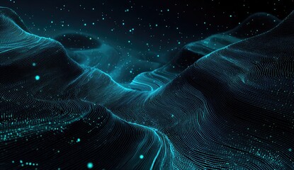 Abstract digital landscape of teal lines and points