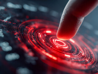 Finger interacting with futuristic red digital interface displaying concentric circular holograms and glowing technology elements on dark background