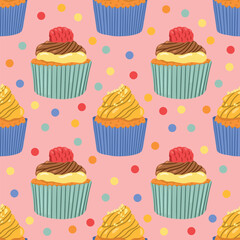 Colorful and bright cute cupcakes seamless pattern on pink background