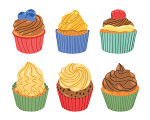 Yummy cupcakes vector illustration set. Dessert vector design collection. Food illustration isolated