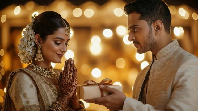 Diwali Day, Joyful Couple Celebrates Love with Traditional Gift Exchange During Festive Celebration Surrounded
