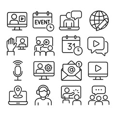 Virtual online event management icons. Outline symbols. Line design