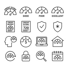 Banking credit assessment icon collection. Outline symbols. Line design