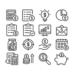 Money management vector icon collection. Outline symbols. Line design